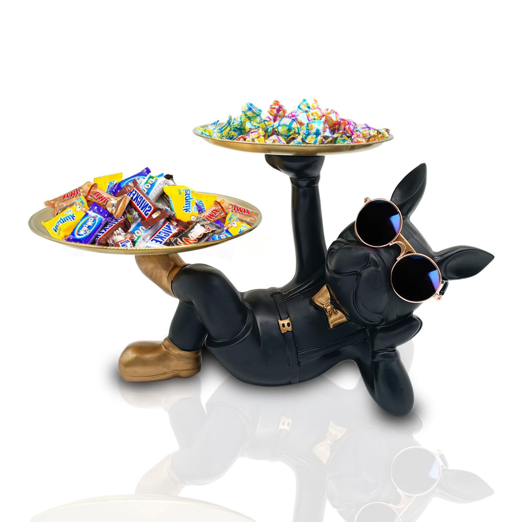 Black Resin Bulldog Tray Statue-Lying Bulldog Candy Dish Key Holder Bowl