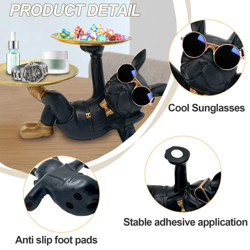 Black Resin Bulldog Tray Statue-Lying Bulldog Candy Dish Key Holder Bowl