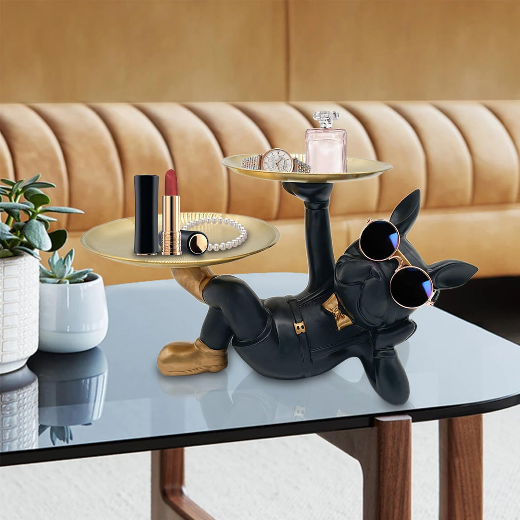 Black Resin Bulldog Tray Statue-Lying Bulldog Candy Dish Key Holder Bowl