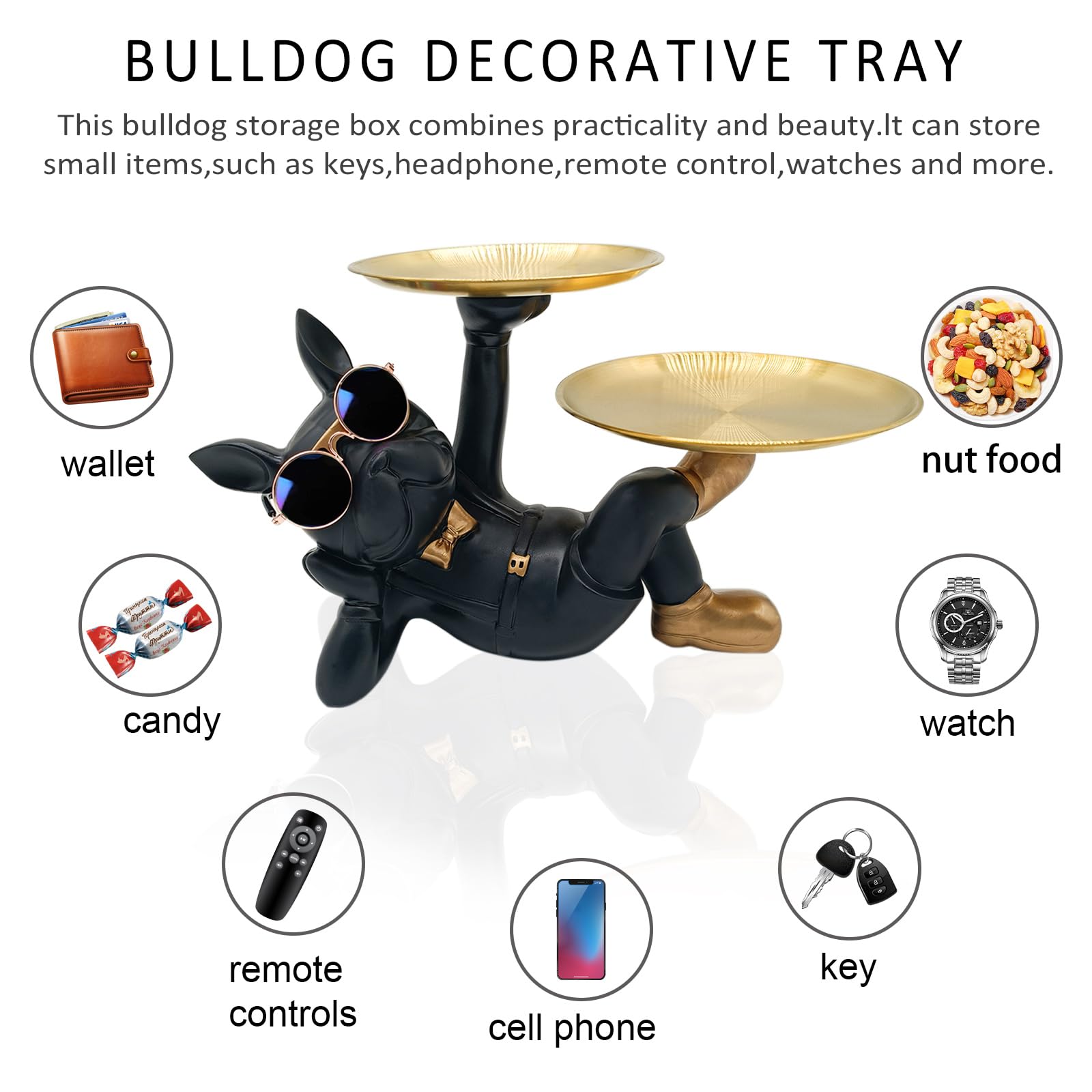 Black Resin Bulldog Tray Statue-Lying Bulldog Candy Dish Key Holder Bowl