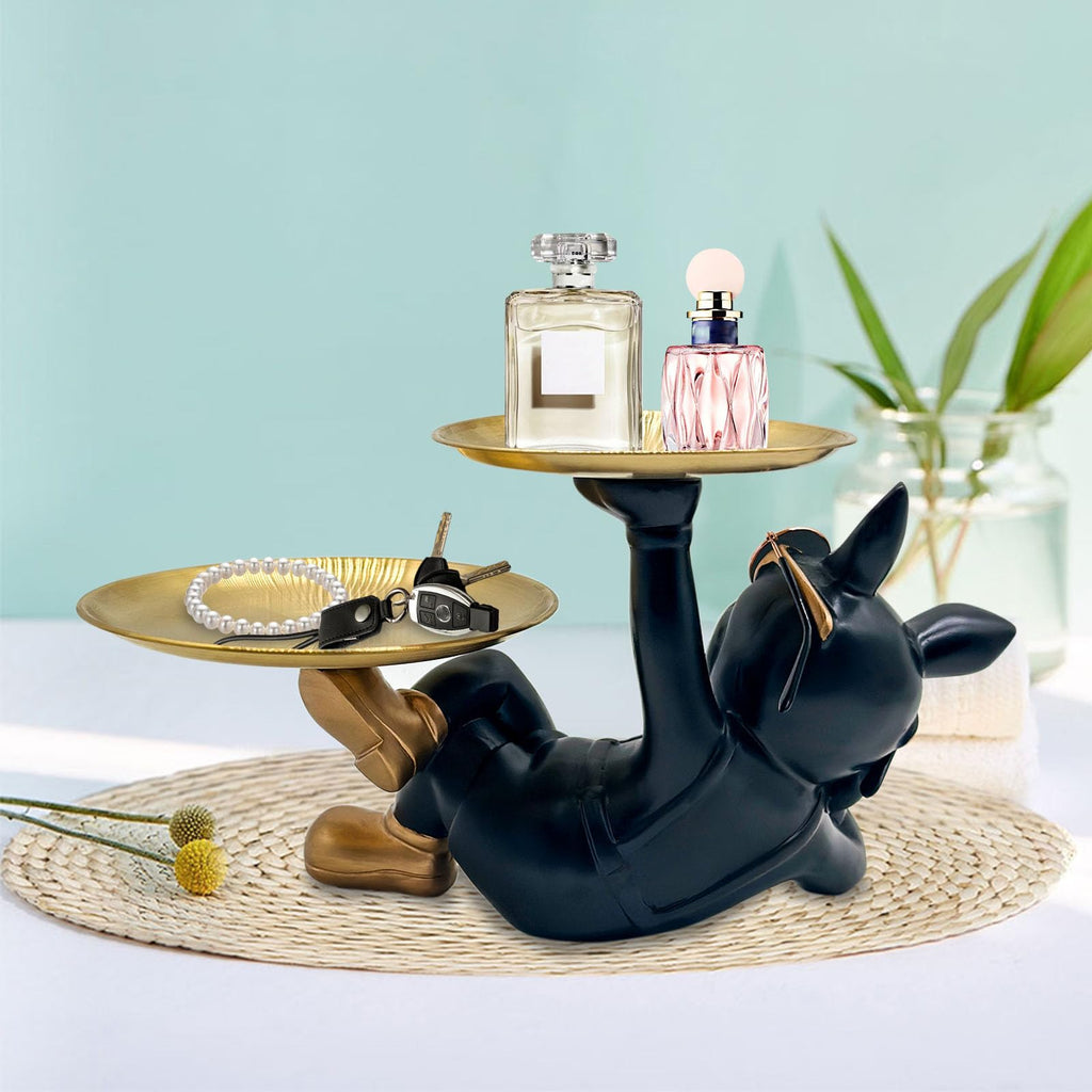 Black Resin Bulldog Tray Statue-Lying Bulldog Candy Dish Key Holder Bowl