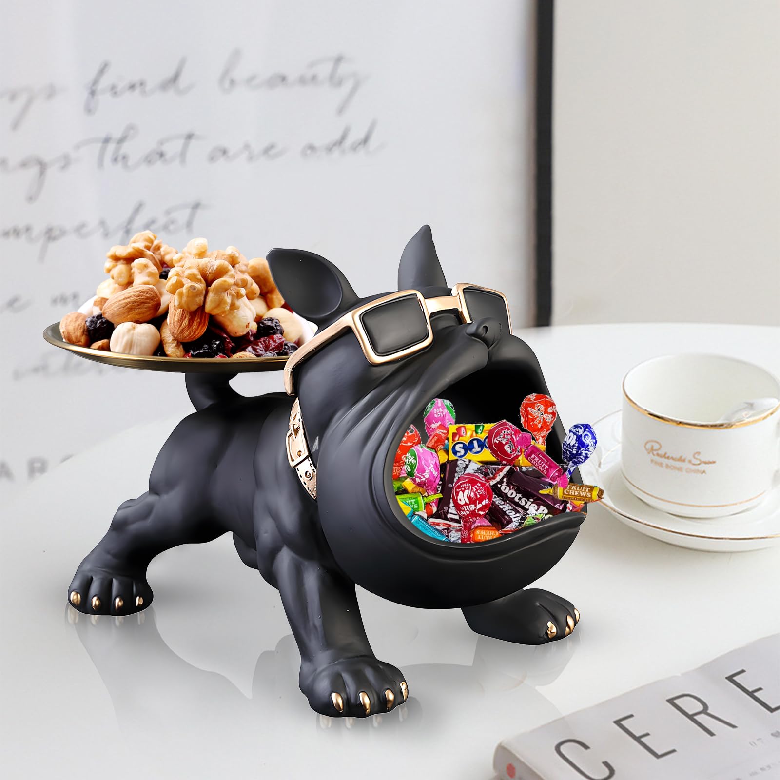 Black Bulldog Tray Statue — Chic Storage + Decorative Sculpture