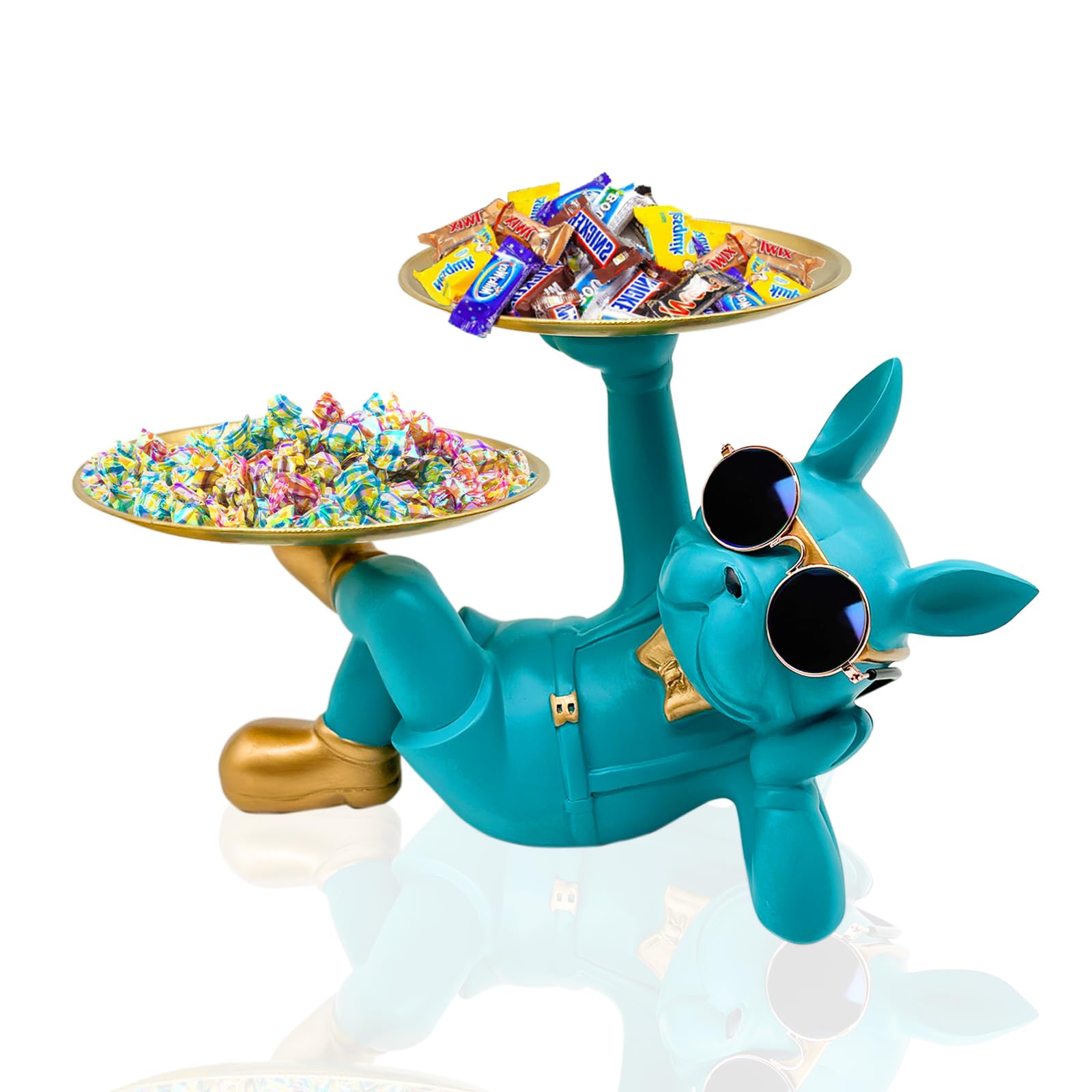 Blue Resin Bulldog Tray Statue-Lying Bulldog Candy Dish Key Holder Bowl