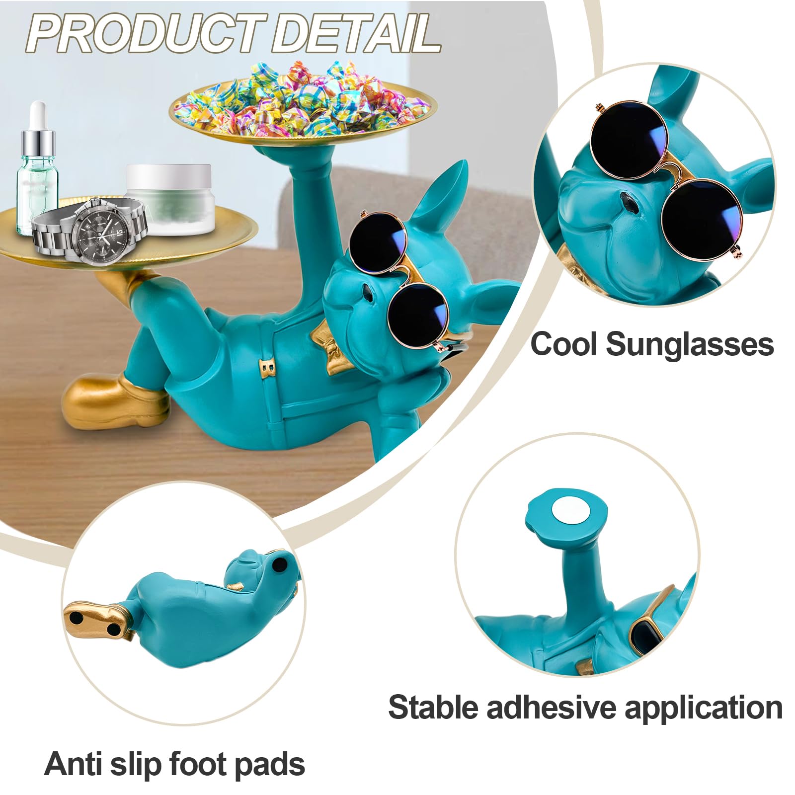 Blue Resin Bulldog Tray Statue-Lying Bulldog Candy Dish Key Holder Bowl