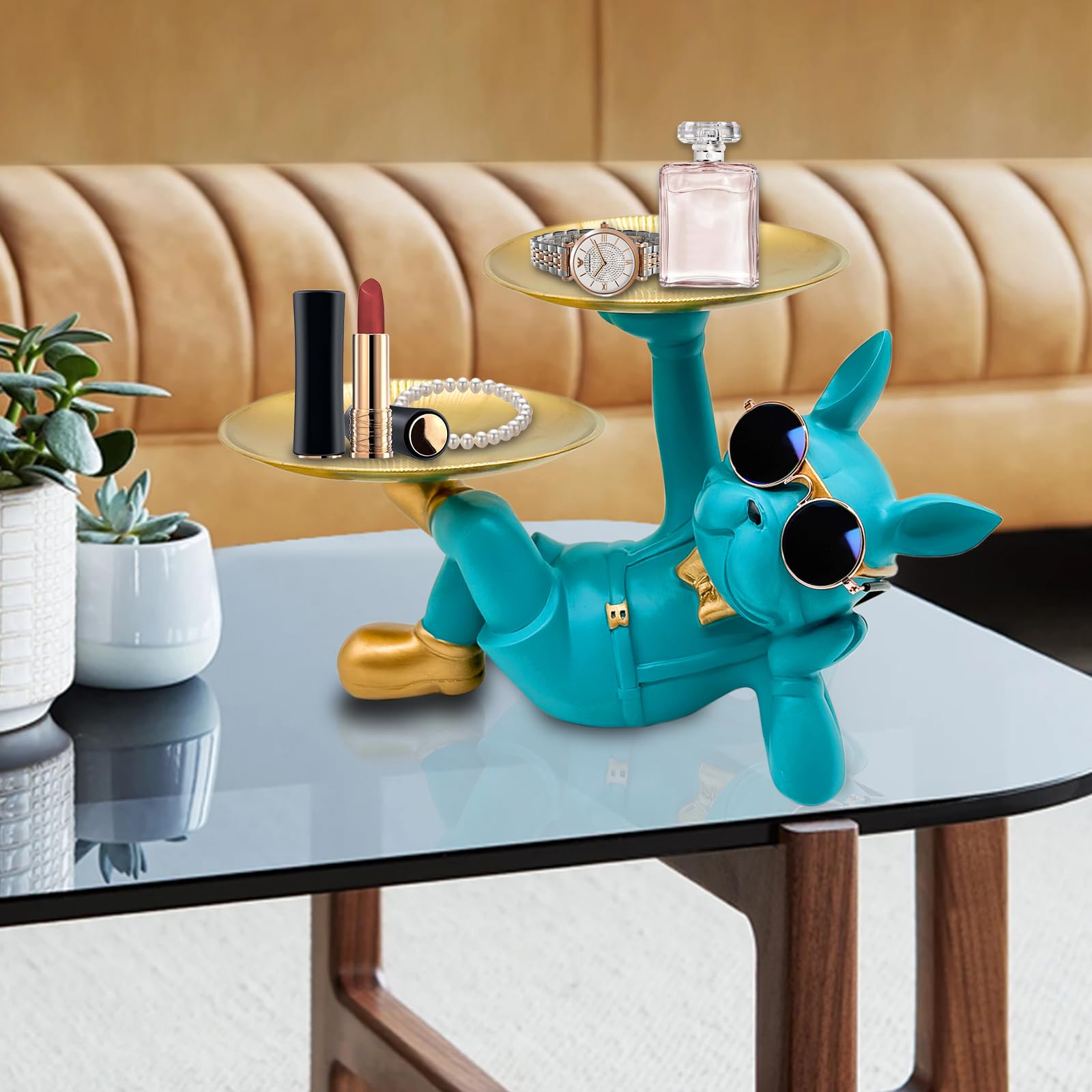 Blue Resin Bulldog Tray Statue-Lying Bulldog Candy Dish Key Holder Bowl