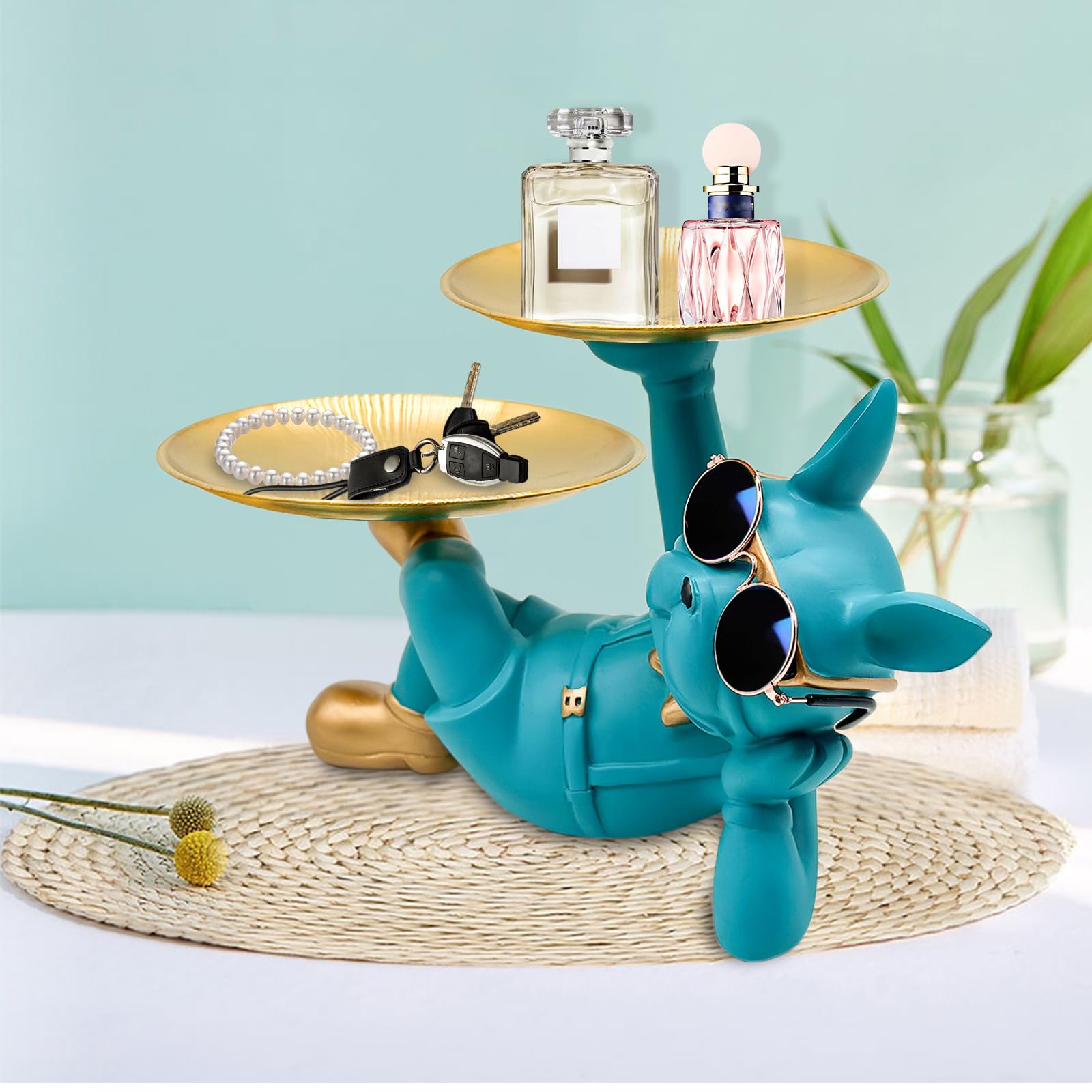 Blue Resin Bulldog Tray Statue-Lying Bulldog Candy Dish Key Holder Bowl