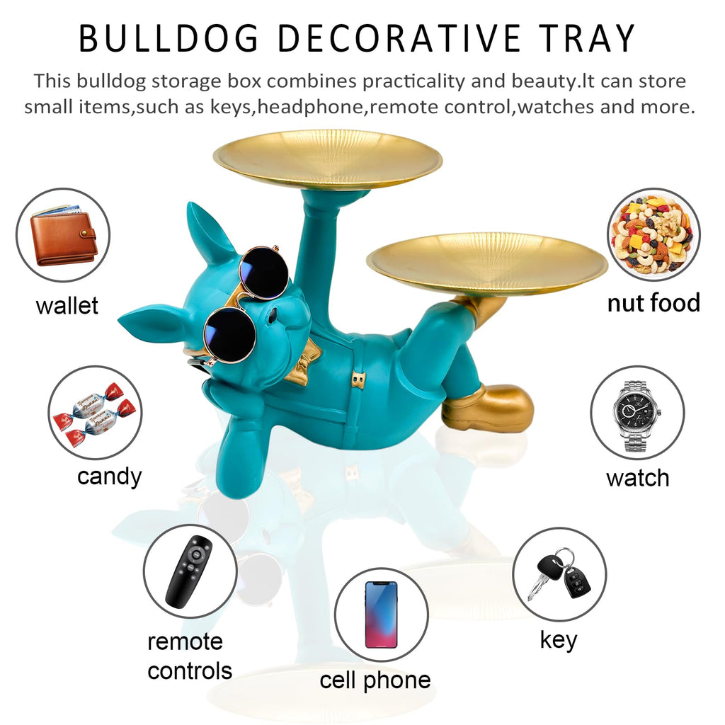 Blue Resin Bulldog Tray Statue-Lying Bulldog Candy Dish Key Holder Bowl
