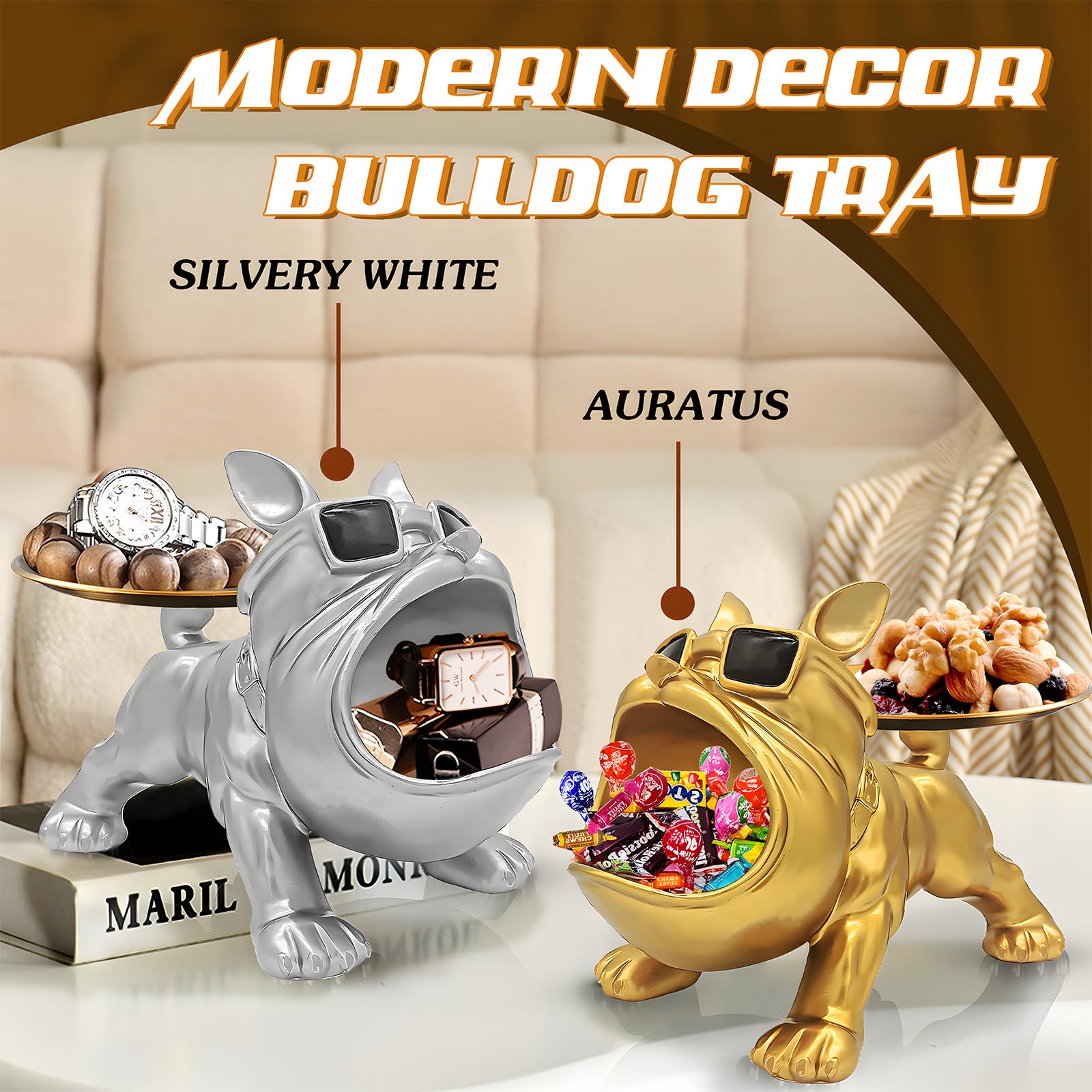 Gold Bulldog Tray Statue — Chic Storage + Decorative Sculpture