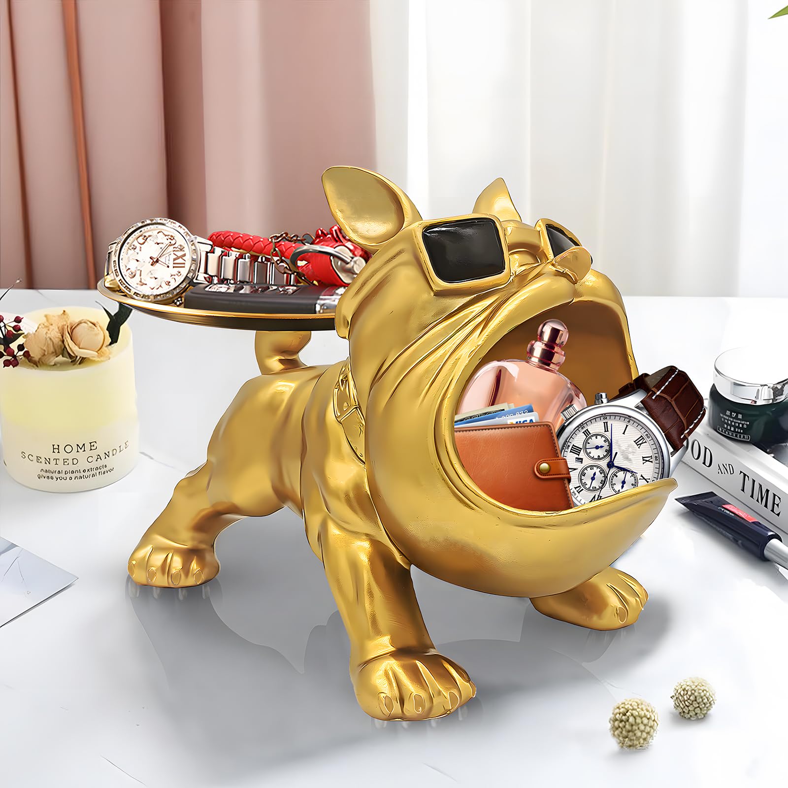 Gold Bulldog Tray Statue — Chic Storage + Decorative Sculpture