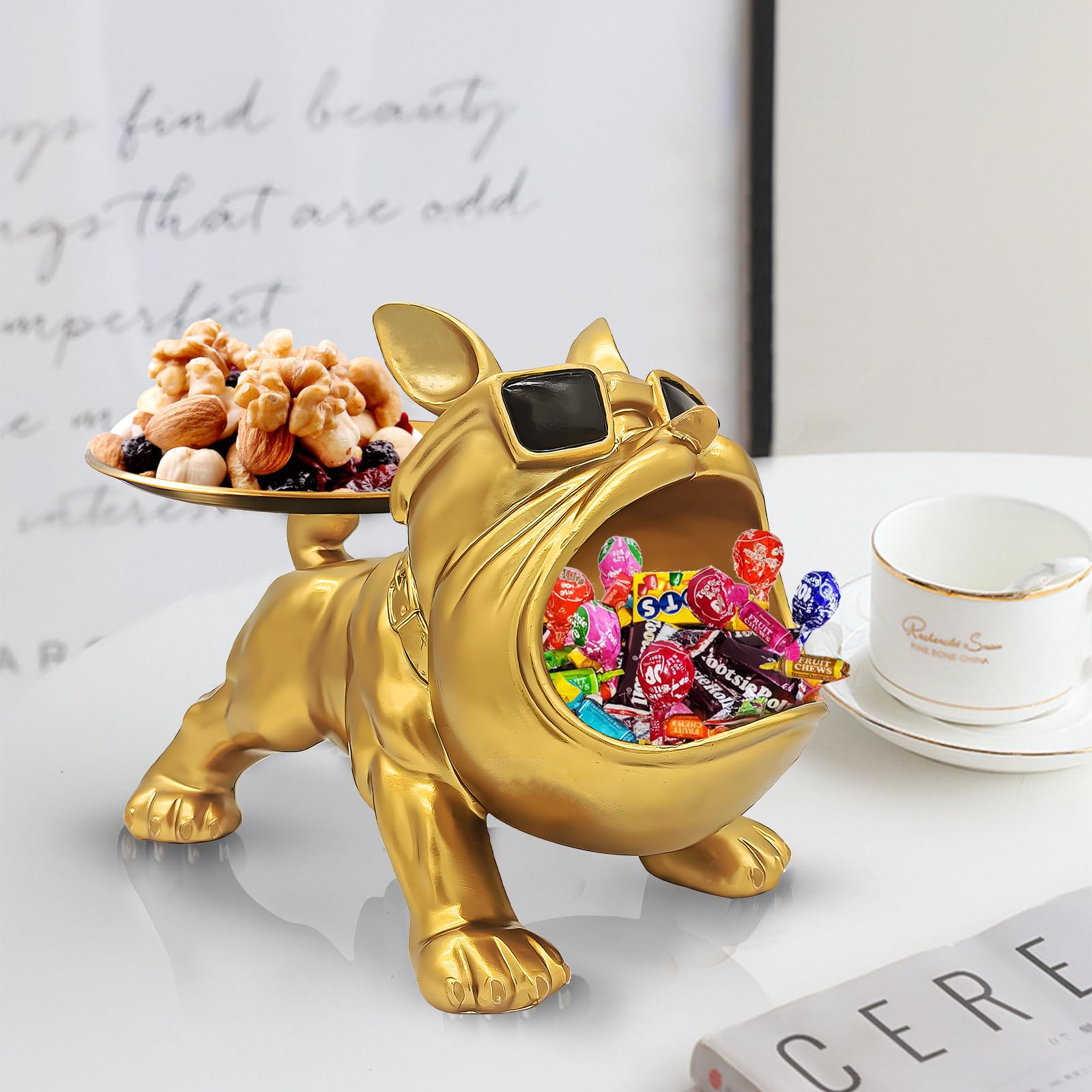 Gold Bulldog Tray Statue — Chic Storage + Decorative Sculpture