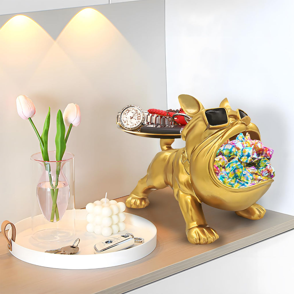 Gold Bulldog Tray Statue — Chic Storage + Decorative Sculpture