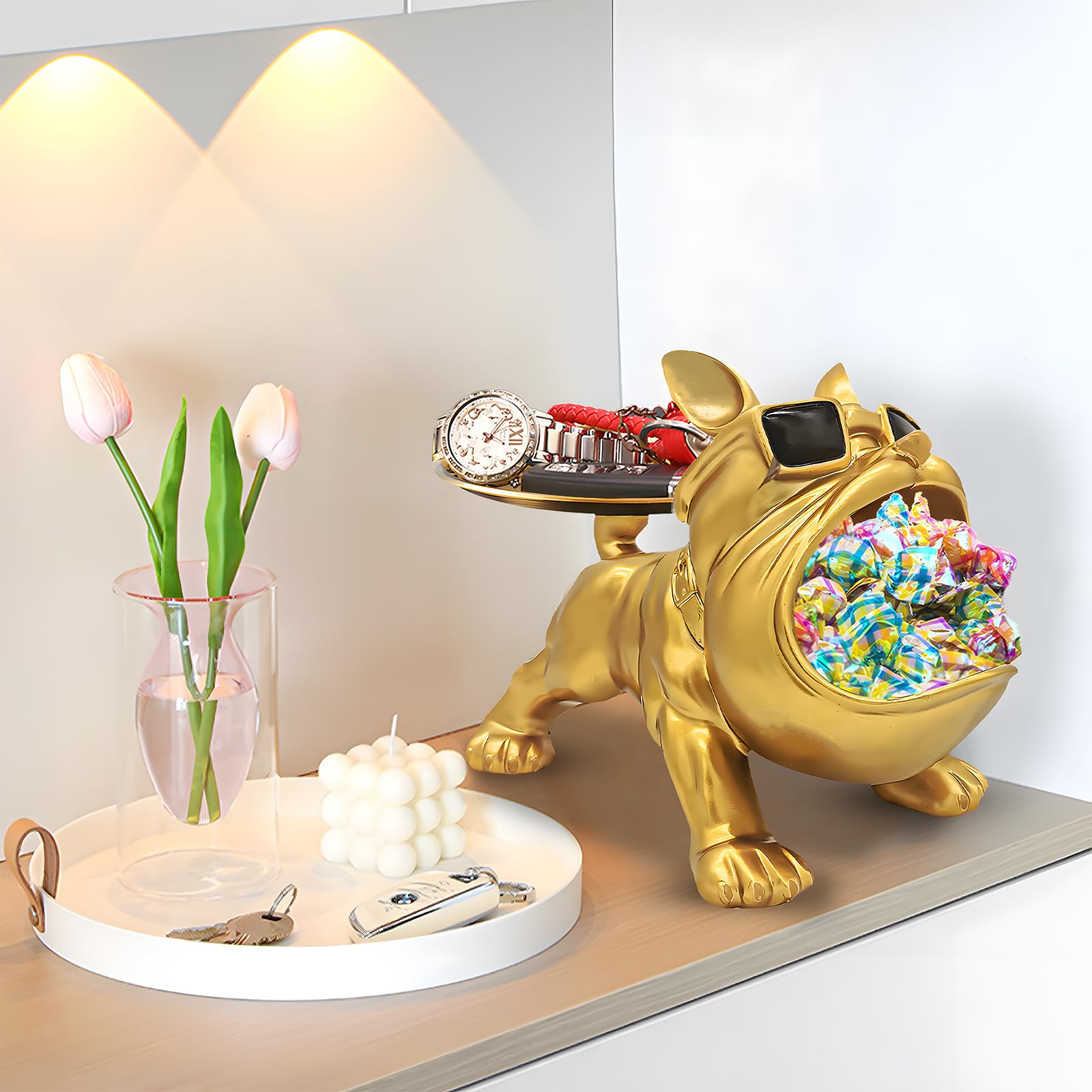 Gold Bulldog Tray Statue — Chic Storage + Decorative Sculpture