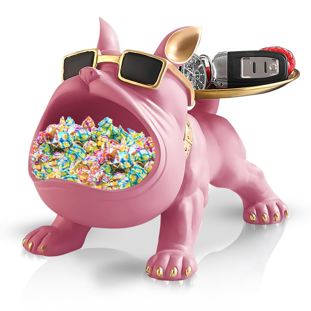 Pink Bulldog Tray Statue — Chic Storage + Decorative Sculpture