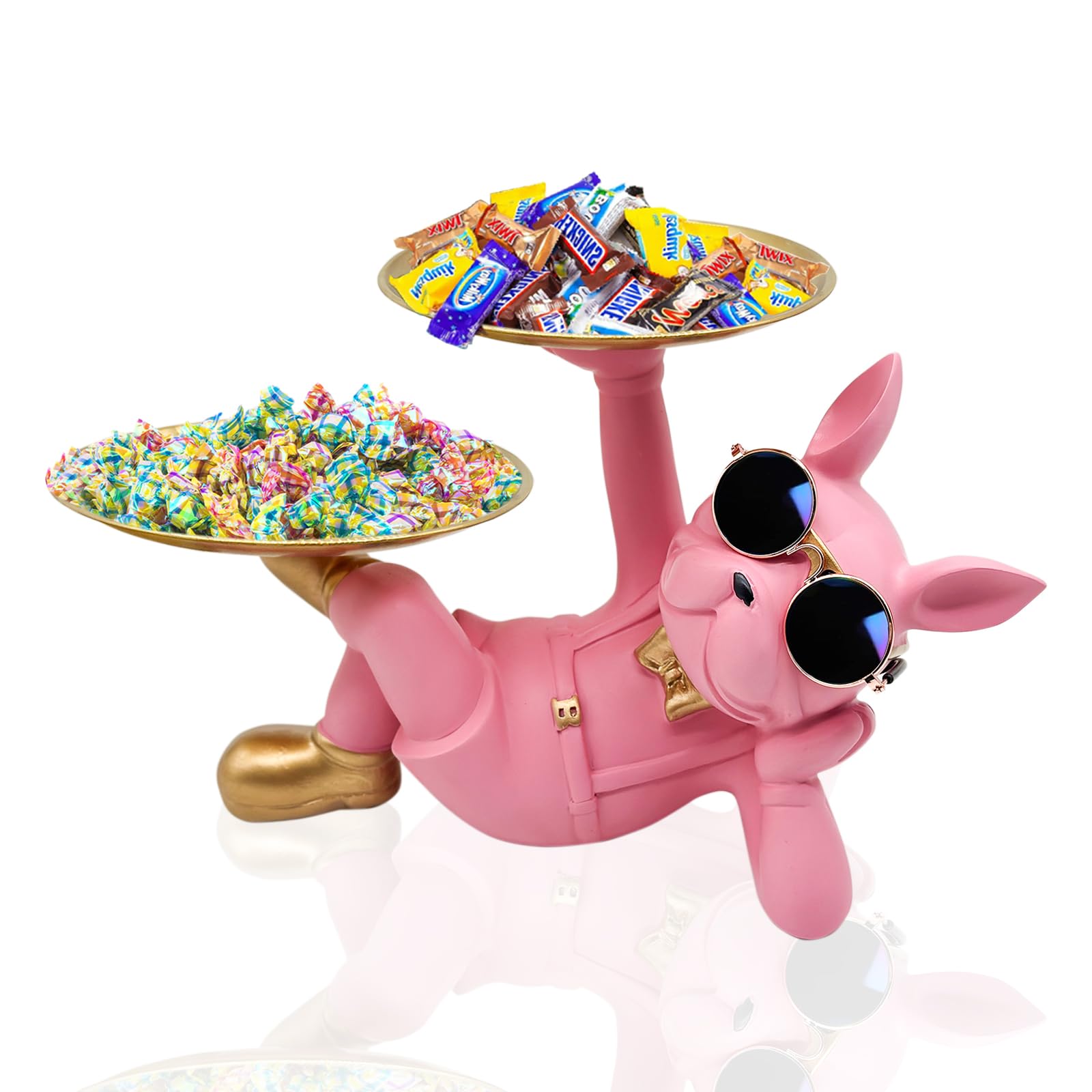 Pink Resin Bulldog Tray Statue-Lying Bulldog Candy Dish Key Holder Bowl
