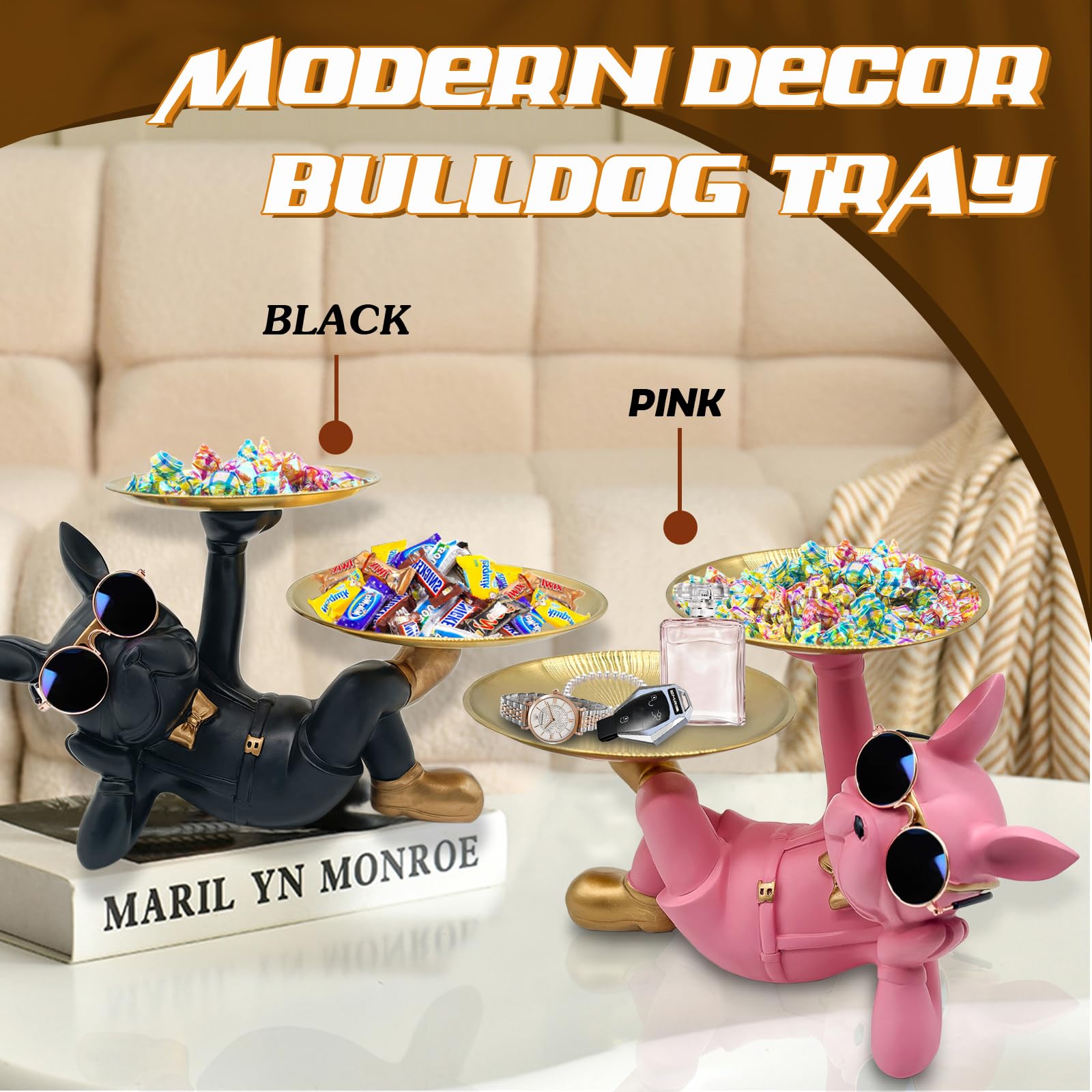 Pink Resin Bulldog Tray Statue-Lying Bulldog Candy Dish Key Holder Bowl