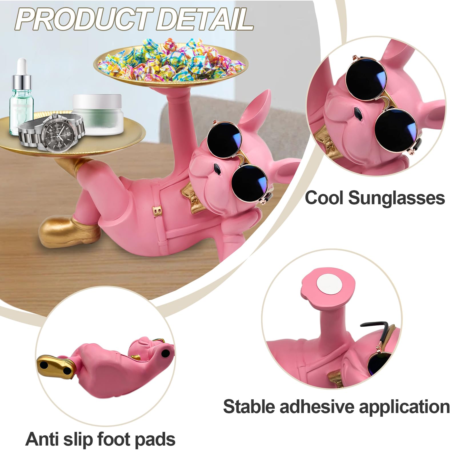 Pink Resin Bulldog Tray Statue-Lying Bulldog Candy Dish Key Holder Bowl