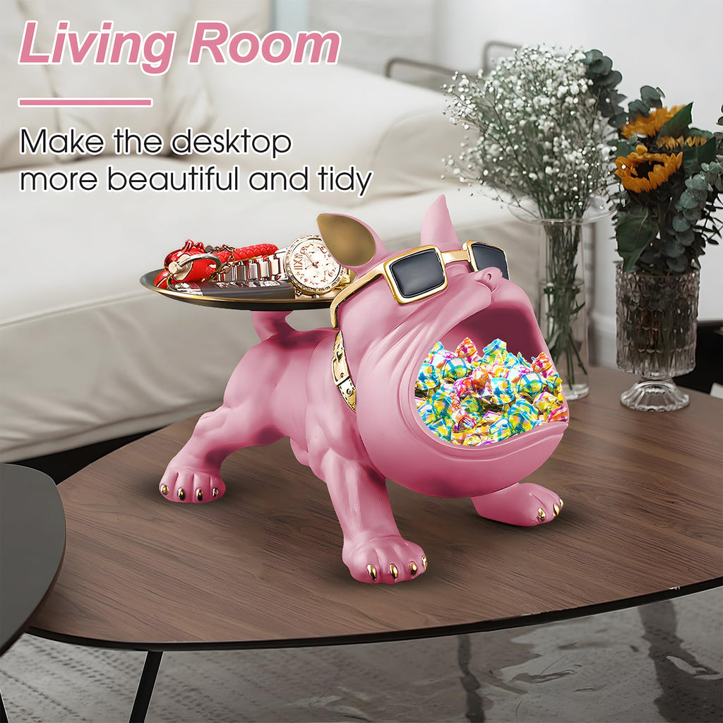 Pink Bulldog Tray Statue — Chic Storage + Decorative Sculpture