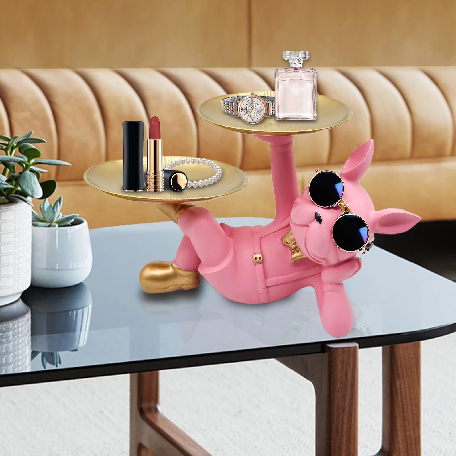Pink Resin Bulldog Tray Statue-Lying Bulldog Candy Dish Key Holder Bowl