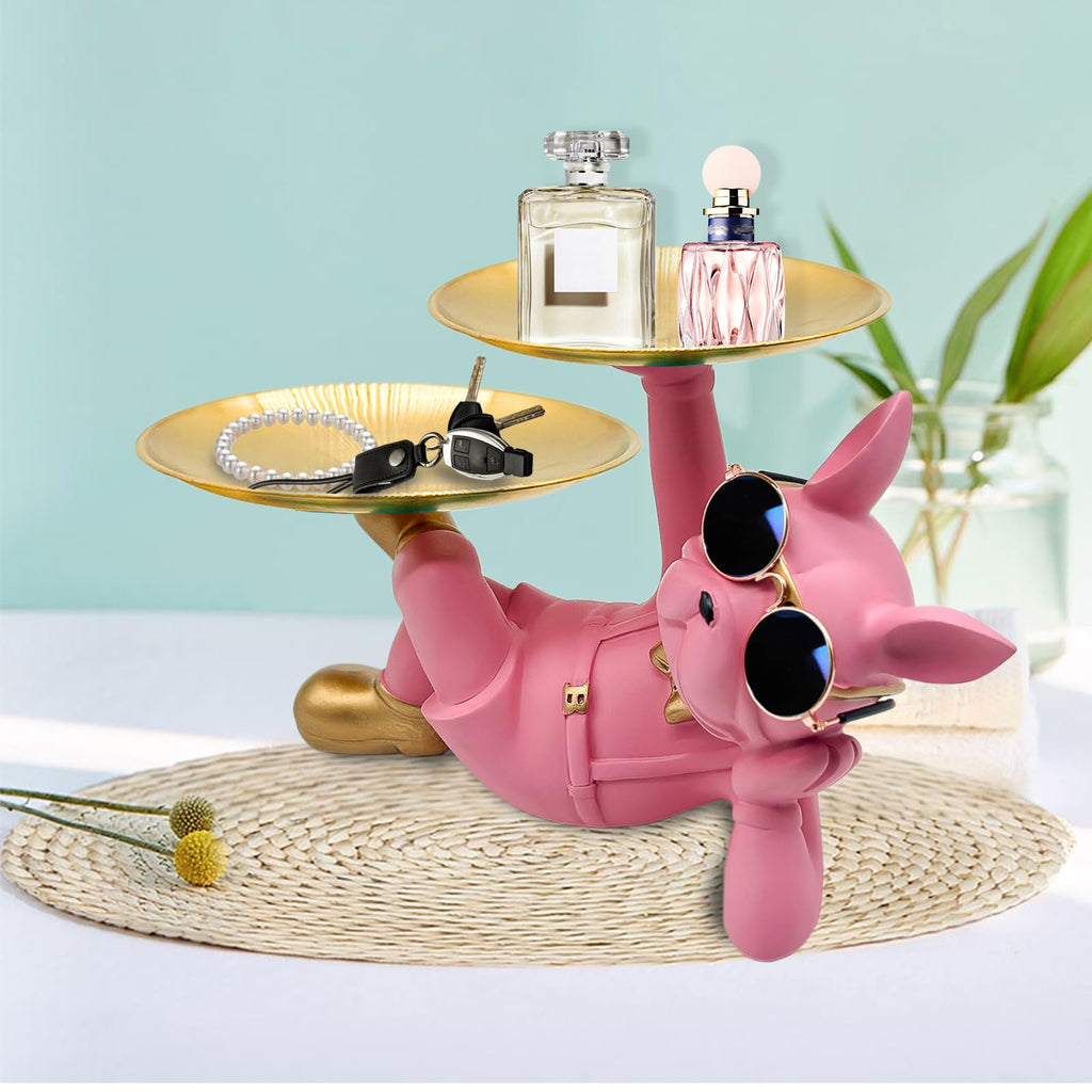 Pink Resin Bulldog Tray Statue-Lying Bulldog Candy Dish Key Holder Bowl