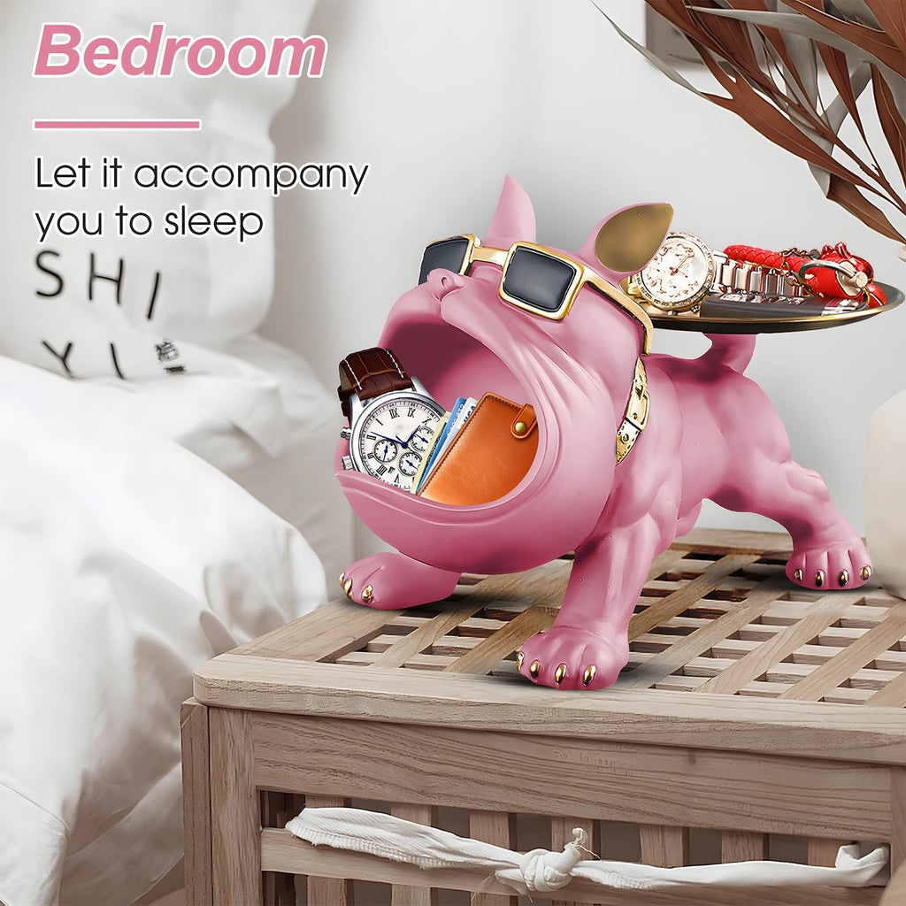 Pink Bulldog Tray Statue — Chic Storage + Decorative Sculpture