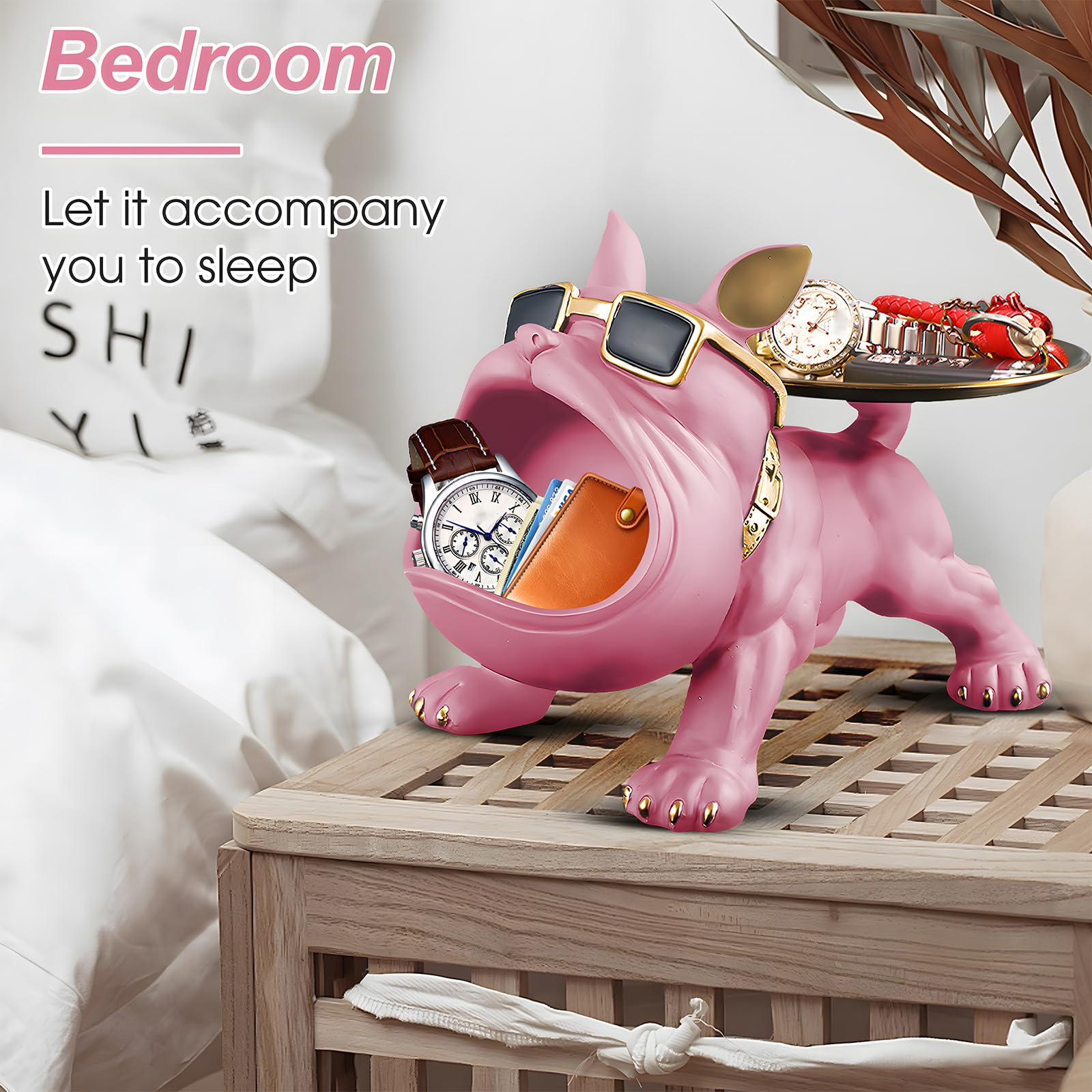 Pink Bulldog Tray Statue — Chic Storage + Decorative Sculpture