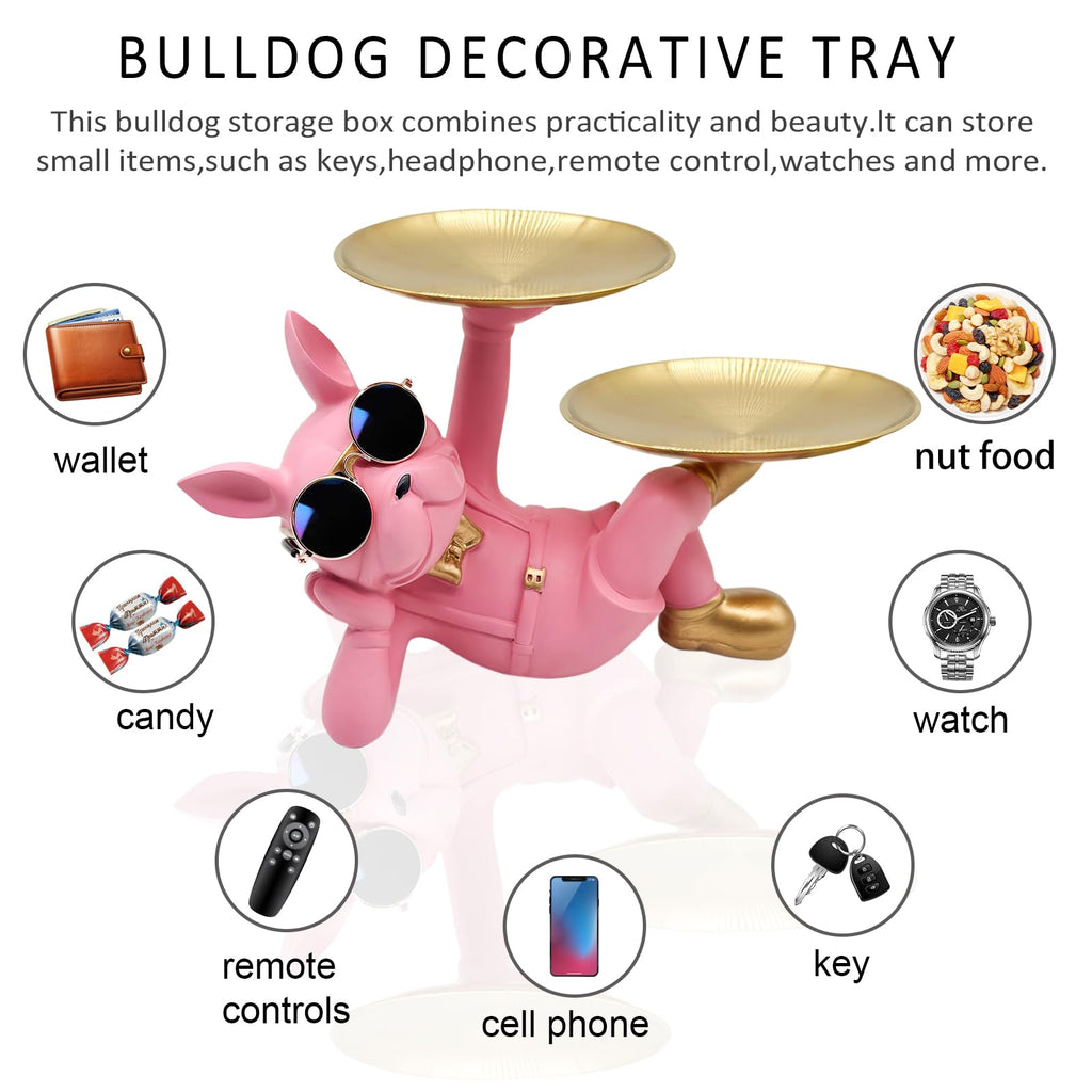 Pink Resin Bulldog Tray Statue-Lying Bulldog Candy Dish Key Holder Bowl