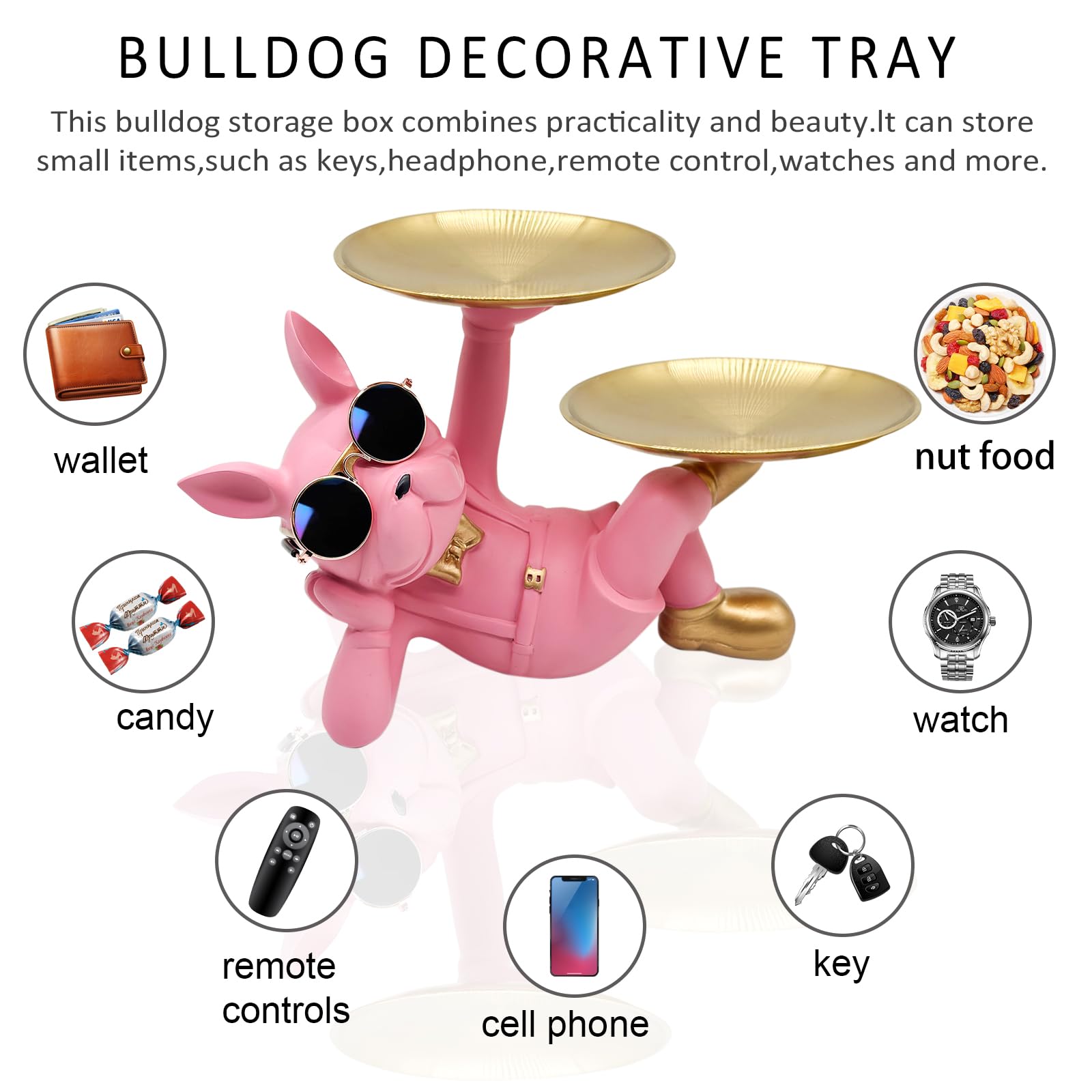 Pink Resin Bulldog Tray Statue-Lying Bulldog Candy Dish Key Holder Bowl