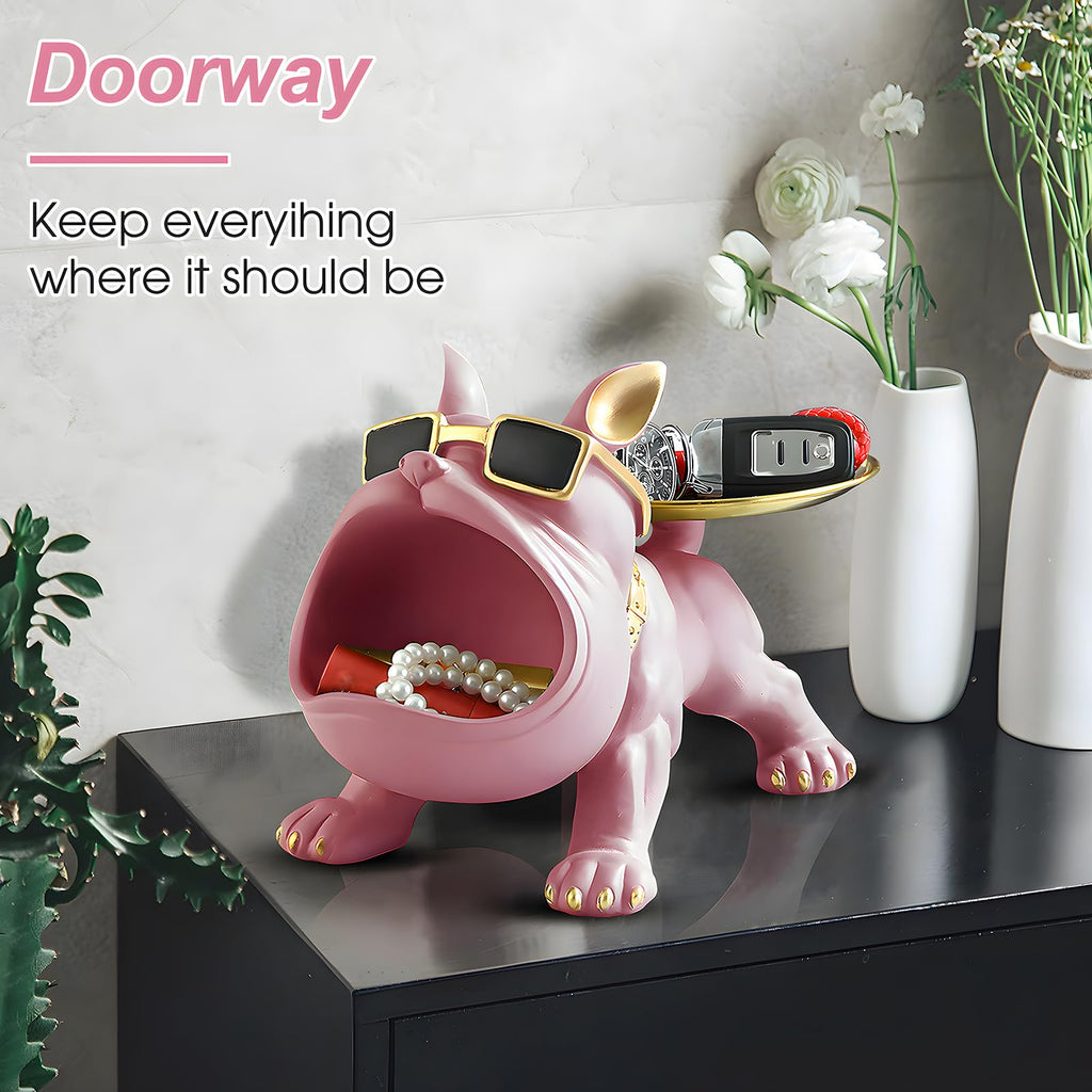 Pink Bulldog Tray Statue — Chic Storage + Decorative Sculpture