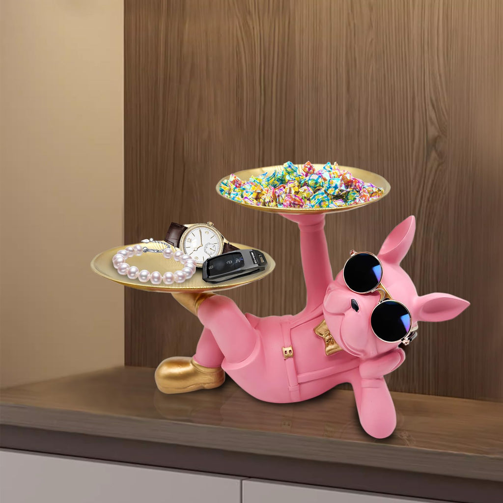 Pink Resin Bulldog Tray Statue-Lying Bulldog Candy Dish Key Holder Bowl