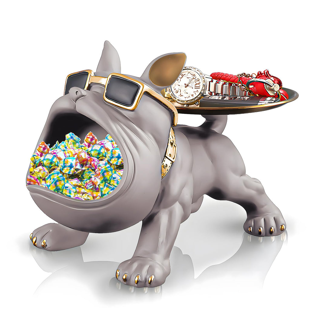 Grey Bulldog Tray Statue — Chic Storage + Decorative Sculpture