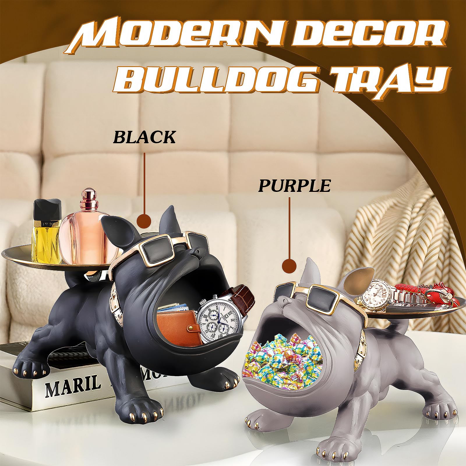 Grey Bulldog Tray Statue — Chic Storage + Decorative Sculpture