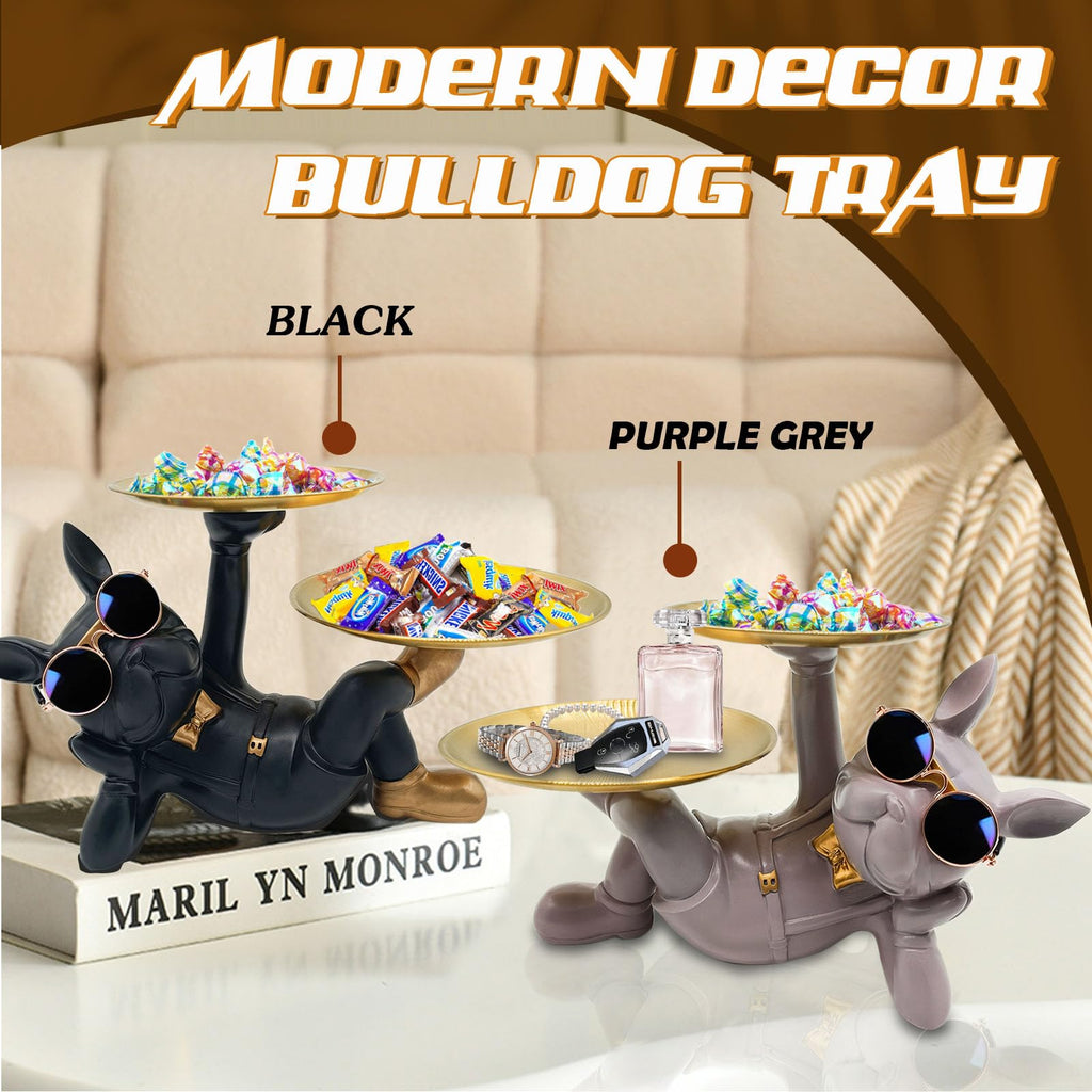 Purple Grey Resin Bulldog Tray Statue-Lying Bulldog Candy Dish Key Holder Bowl