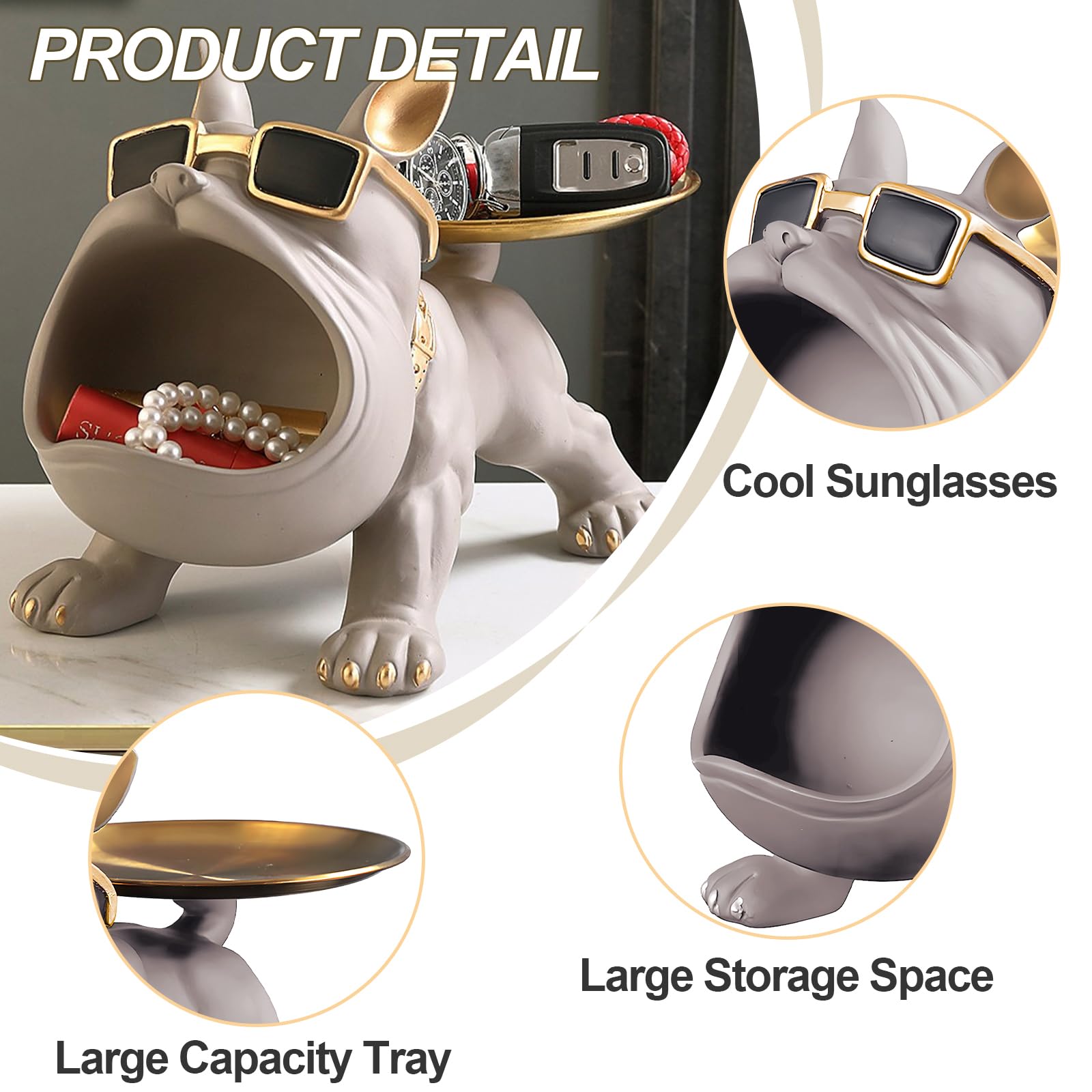 Grey Bulldog Tray Statue — Chic Storage + Decorative Sculpture