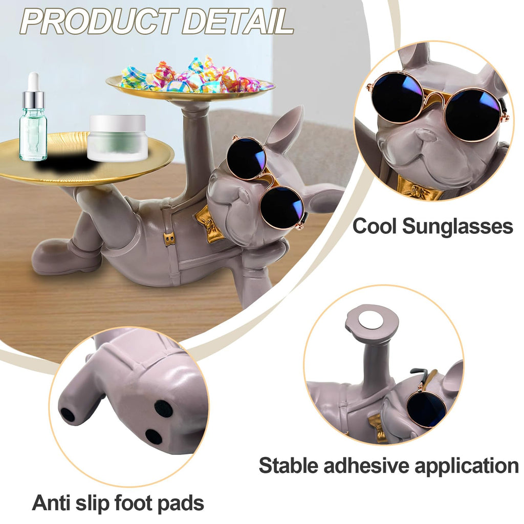Purple Grey Resin Bulldog Tray Statue-Lying Bulldog Candy Dish Key Holder Bowl