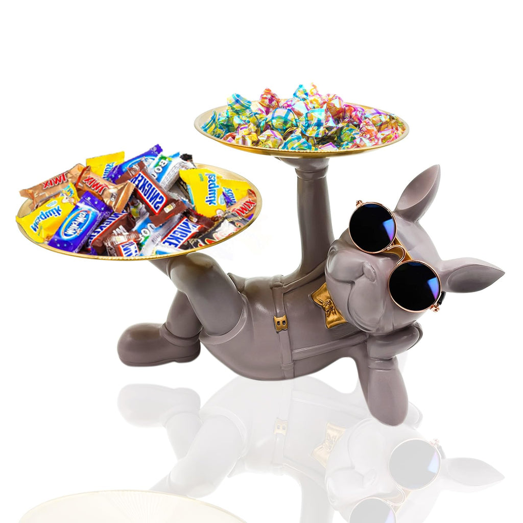 Purple Grey Resin Bulldog Tray Statue-Lying Bulldog Candy Dish Key Holder Bowl