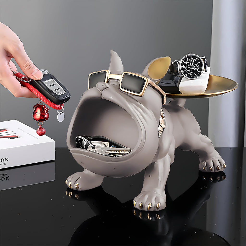 Grey Bulldog Tray Statue — Chic Storage + Decorative Sculpture