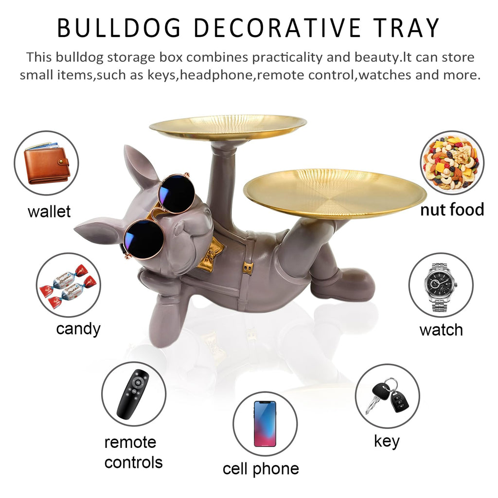 Purple Grey Resin Bulldog Tray Statue-Lying Bulldog Candy Dish Key Holder Bowl