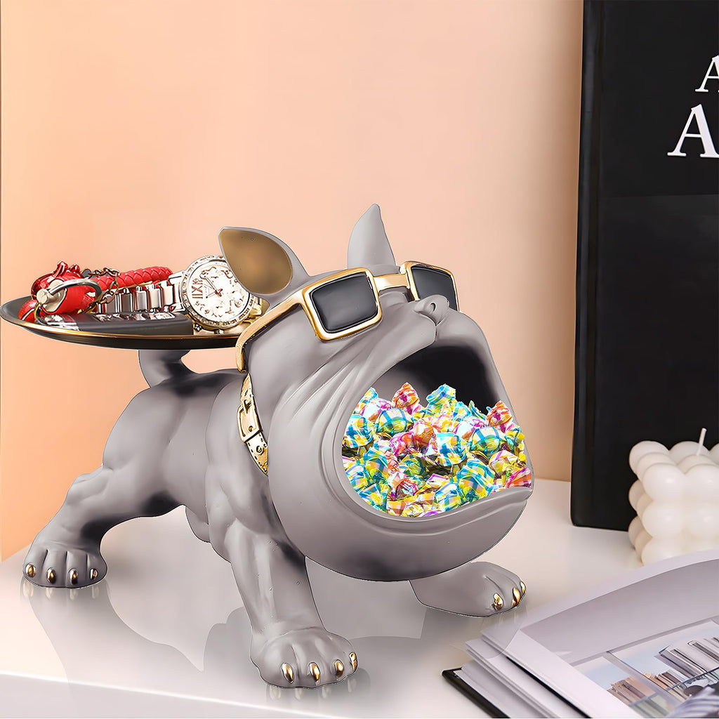 Grey Bulldog Tray Statue — Chic Storage + Decorative Sculpture