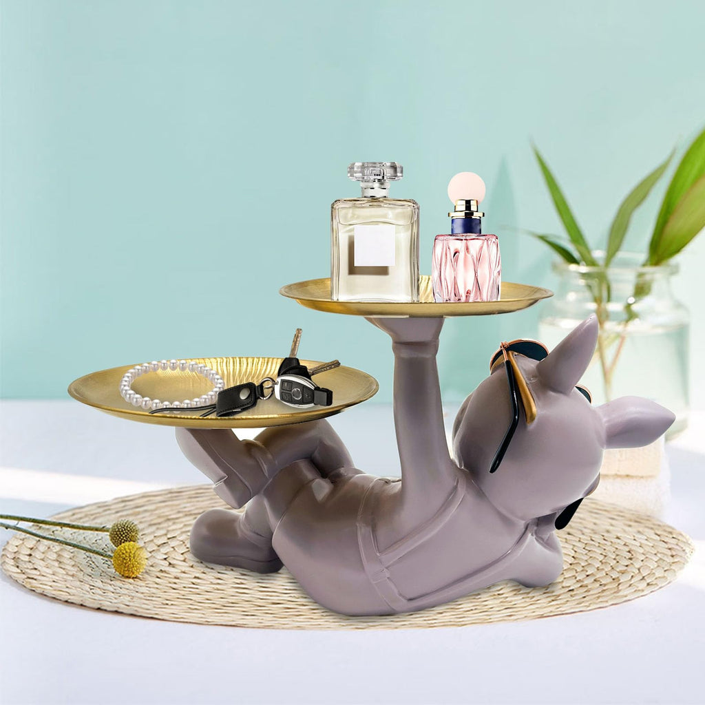 Purple Grey Resin Bulldog Tray Statue-Lying Bulldog Candy Dish Key Holder Bowl