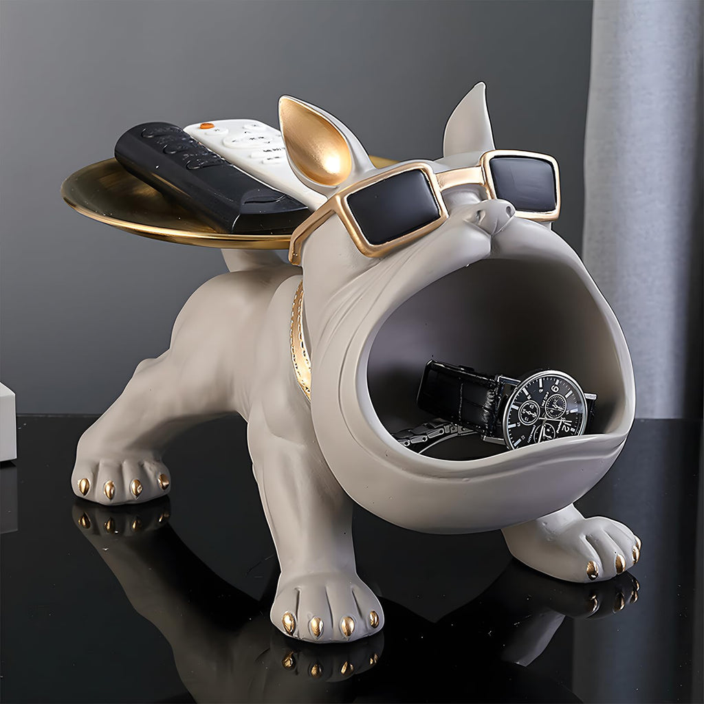 Grey Bulldog Tray Statue — Chic Storage + Decorative Sculpture