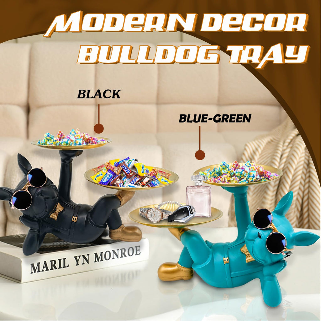 Blue Resin Bulldog Tray Statue-Lying Bulldog Candy Dish Key Holder Bowl